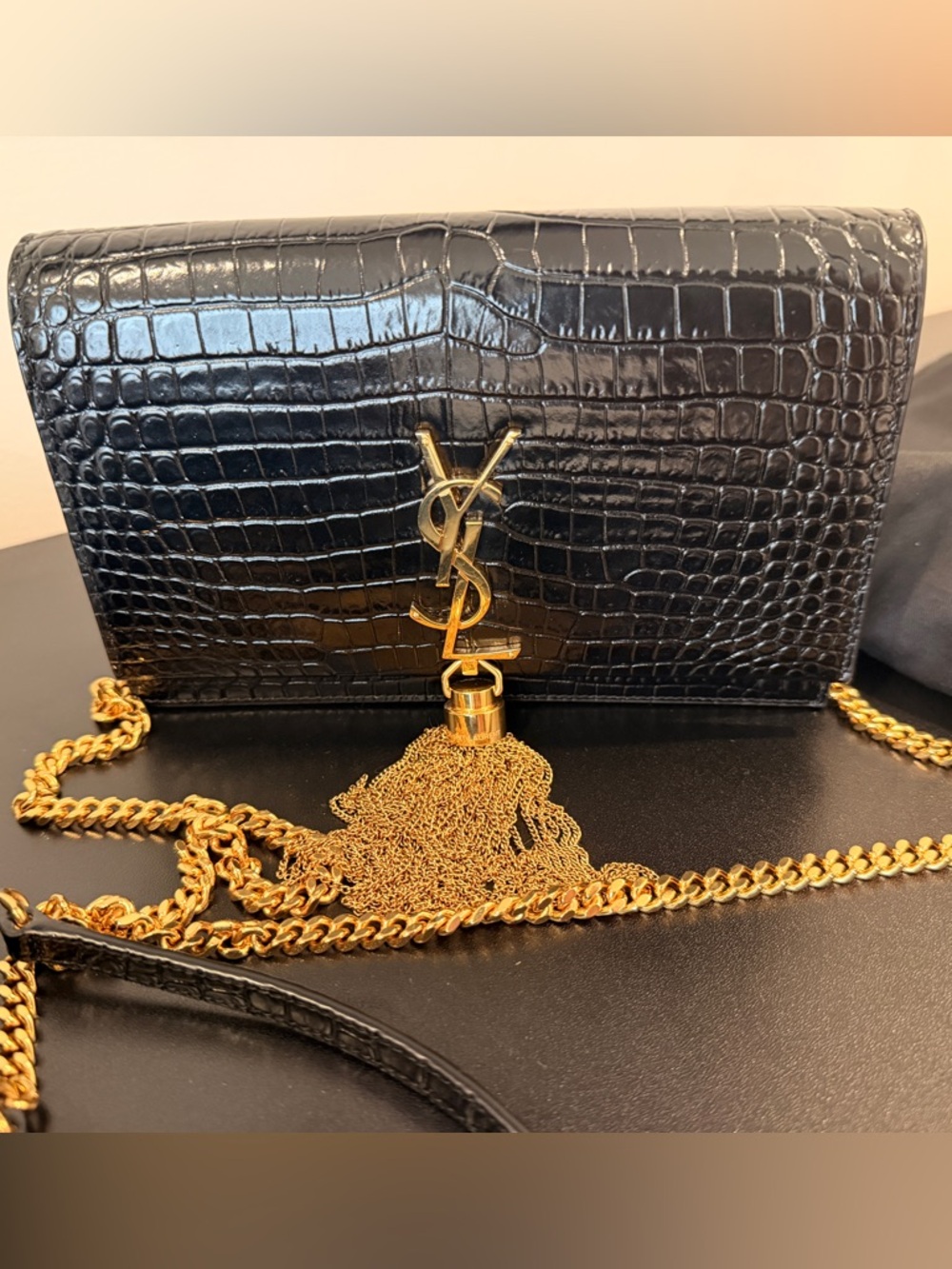 Saint Laurent Black Croc-Embossed Leather Tassel Crossbody with Gold Hardware